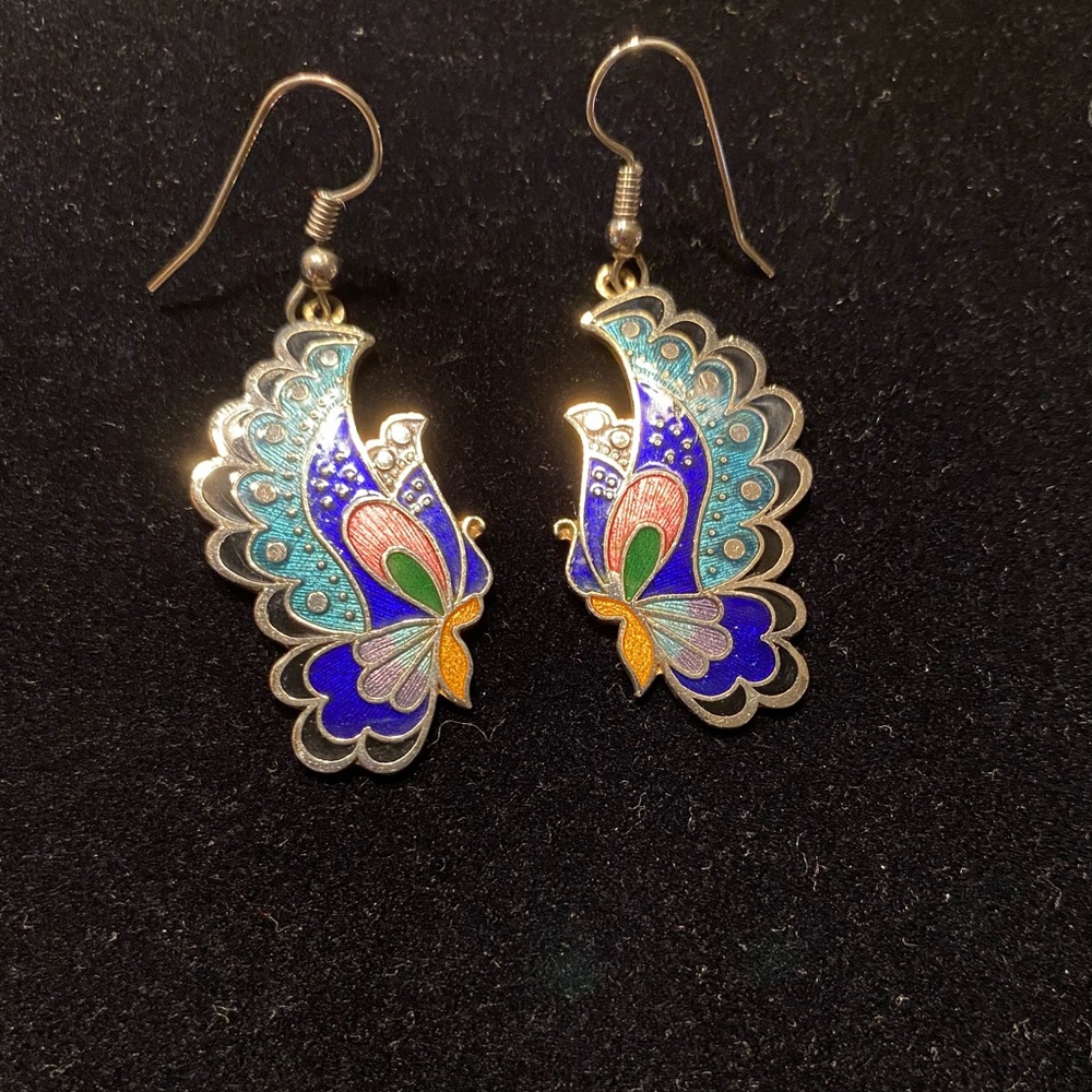 Colorful Enamel Japanese Cloisonné Butterfly Earrings.